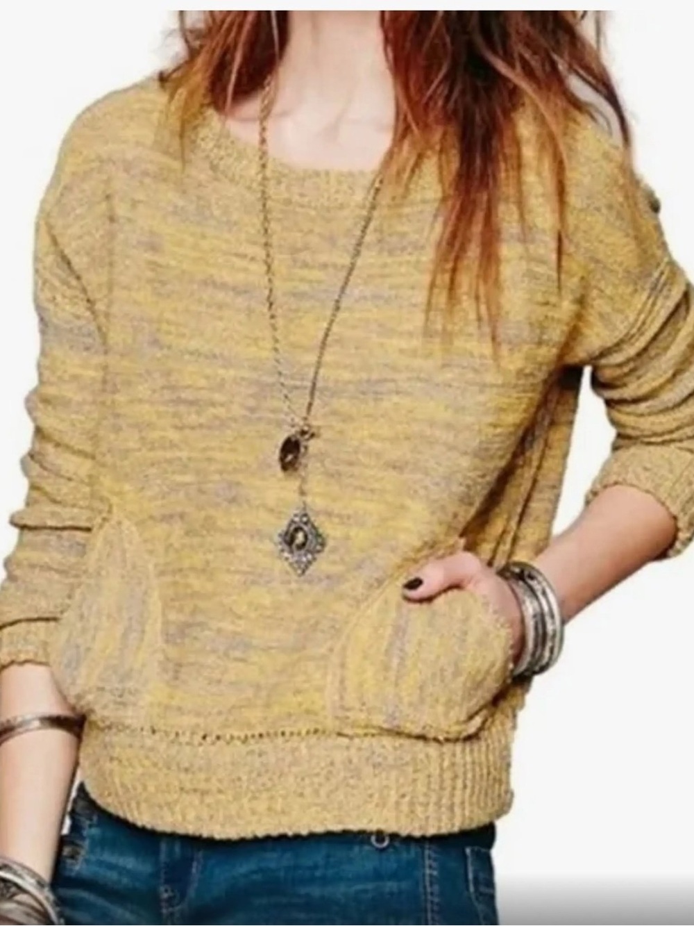 PRE-OWNED SIZE XS Free People Yellow Marled Crewneck Sweater with Pouch Pockets
